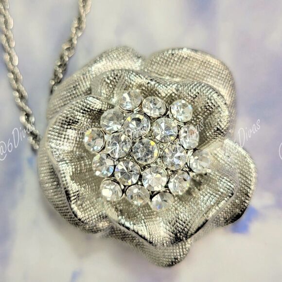 Large Silver Rose Flower Pendant Necklace - Picture 2 of 4
